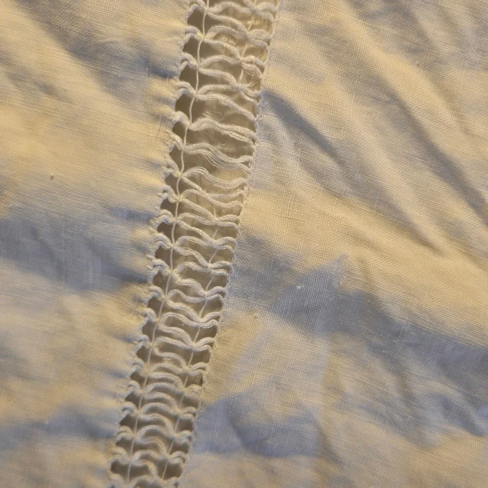 Off‎ White Linen Hand Embroidered Crochet Lace Bedspread Victorian Clover Vtg